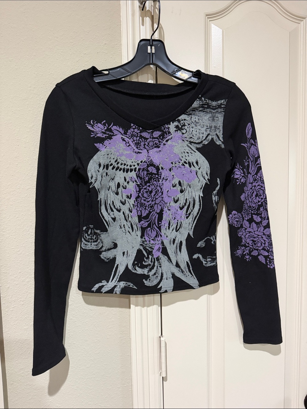 Black Long-Sleeve Graphic Tee with Purple & Gray Angel Wing Motif